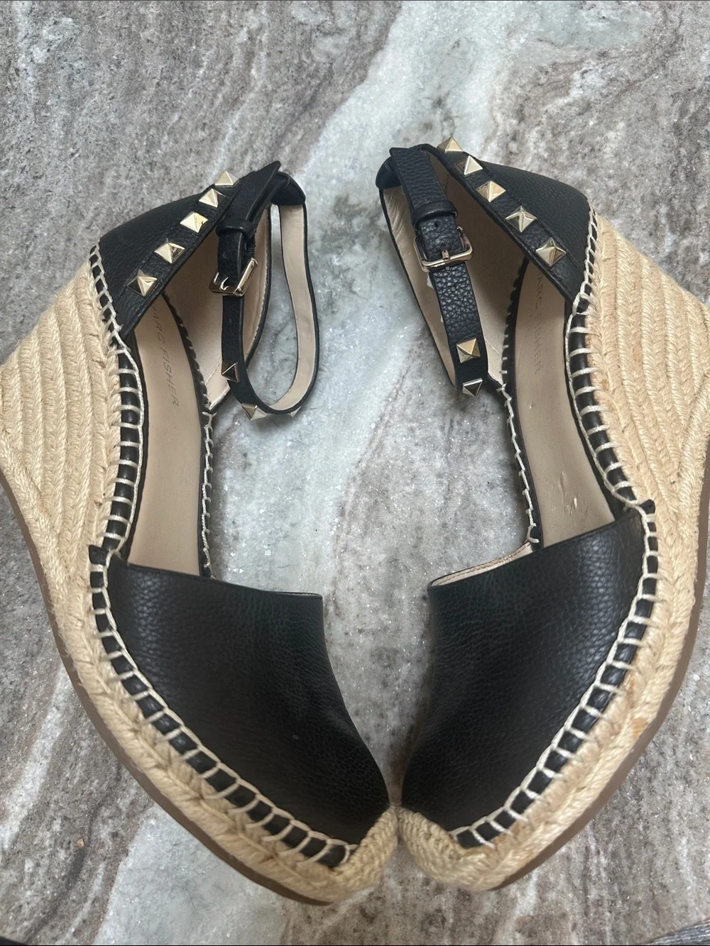 Marc Fisher Black Leather Espadrille Wedge Studded Close Toe Sandals Size 8.5